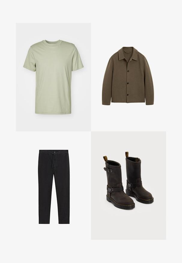 Massimo Dutti BUTTONED SHIRT COLLAR WITH SIDE POCKETS - Lehká bunda - green; Světlezelené bavlněné tričko s kulatým výstřihem, krátkými rukávy a diskrétním logem značky potištěným uprostřed hrudi.; Černé kalhoty vyrobené z lehké tkaniny, s elastickým pasem, stahovací šňůrkou a rovnými nohavicemi. Bez vzorů nebo zdobení.; Tmavě hnědé kožené boty se středně dlouhým designem, žlutým prošíváním, nastavovacími přezkami a poutky na vršku. Texturovaný povrch.