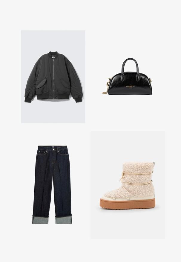 Schwarze Bomberjacke mit Reißverschluss vorne, geripptem Kragen und Bündchen, Seitentaschen und einer zusätzlichen Reißverschlusstasche am linken Ärmel.; Dunkelblauer Denim-Stoff mit einer subtilen vertikalen Textur, versehen mit orangefarbenen Nähten entlang der Naht zur Akzentuierung.; Dunkelblaue weit geschnittene Jeans mit umgeschlagenem Saum, ausgestattet mit orangefarbenen Nähten und klassischem Five-Pocket-Design. Hergestellt aus Denim-Stoff.; Stämmige, cremefarbene Shearling-Ankle-Boots mit strukturierter Oberfläche, elastischen Details und einer dicken braunen Plattformsohle. Akzente aus silbernem Metall sind vorhanden.; Schwarze Lederhandtasche mit geschwungenem Design, dualen Griffen, goldenen Beschlägen und einer Kette als Schulterriemen. Mit dem Logo "Lancaster Paris".
