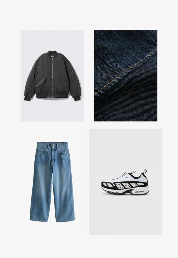 Must must Sleeve zipper, ribbed collar, cuffs ja küljekotid, lisaks vasakul varrukal olemas ka eraldi suletav tasku.; Tumedat sinised denim kangad peene vertikaalse tekstuuriga, millel on rõhutusena oranž õmblus serva ääres.; Heled sinine, laiad denim püksid kõrgendaalise disainiga. Omab kahte esipüksi, kahte tagapüksi ja kahetäheline sulgemine.; Nike sneakerid valges ja mustas. Omab voolavat disaini, hingavat võrkmaterjali ja kontrastset perforatsiooni. Nähtav õhuüksus tallas.