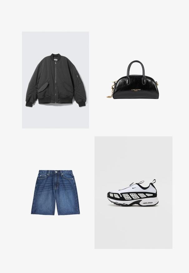 Giacca bomber nera con chiusura zip frontale, colletto e polsini a coste, tasche laterali e una tasca zip aggiuntiva sulla manica sinistra.; Tessuto di denim blu scuro con una sottile trama verticale, caratterizzato da cuciture arancioni lungo la cucitura per un tocco di accentuazione.; Marks & Spencer BERMUDA - Shorts di jeans - medium indigo; Sneaker Nike in bianco e nero. Presenta un design aerodinamico, mesh traspirante e pannelli perforati a contrasto. Unità d'aria visibile nella suola.; Borsa a mano in pelle nera con design curvo, manici doppi, accessori in oro e tracolla a catena. Presenta il logo "Lancaster Paris."