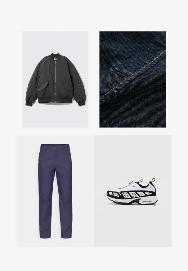 Crna bomber jakna s patentnim zatvaračem sprijeda, rebrastim ovratnikom i manžetama, bočnim džepovima i dodatnim džepom s patentnim zatvaračem na lijevom rukavu.; Tamno plava teksas tkanina s suptilnom vertikalnom teksturom, koja ima narančasti šav duž šava kao akcent.; Navy plave hlače od mješavine pamuka, sa slim fit krojem, ravnim prednjim dijelom i petljama za remen, s glatkom teksturom i urednim linijama.; Nike tenisice u bijeloj i crnoj boji. Imaju aerodinamičan dizajn, prozračnu mrežicu i kontrastne perforirane panele. Vidljiva zračna jedinica u potplatu.