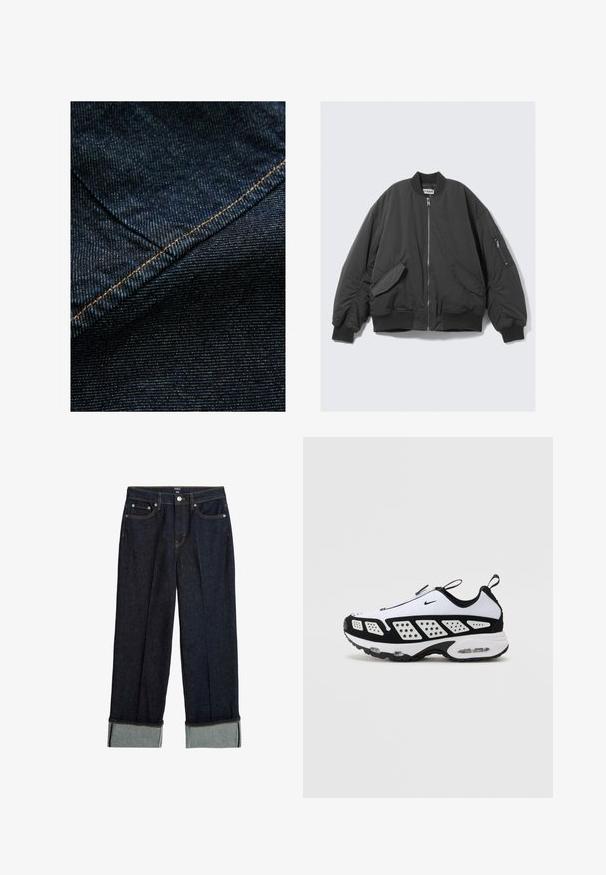 Chaqueta bomber negra con cierre de cremallera frontal, cuello y puños acanalados, bolsillos laterales y un bolsillo adicional con cremallera en la manga izquierda.; Tejido de mezclilla azul oscuro con una sutil textura vertical, con costuras naranjas a lo largo de la costura para dar un toque de acento.; Vaqueros de pierna ancha azul oscuro con dobladillo enrollado, con costuras naranjas y un diseño clásico de cinco bolsillos. Elaborados en tela de mezclilla.; Zapatilla Nike en blanco y negro. Presenta un diseño aerodinámico, malla transpirable y paneles perforados contrastantes. Unidad de aire visible en la suela.