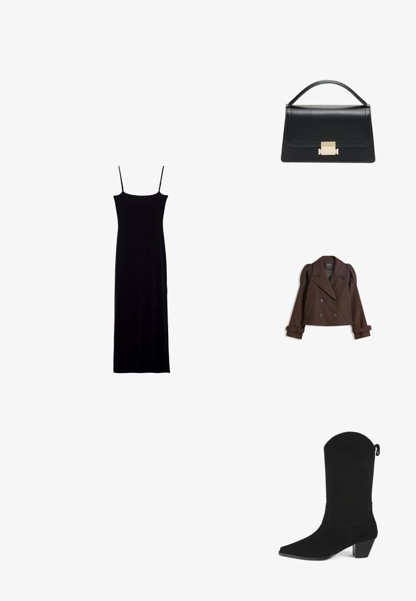 Veste en mélange de laine double boutonnage marron avec épaulettes, grands revers, deux poches avant et poignets retroussés. Étiquette intérieure marquée.; Robe noire sans manches avec une silhouette droite, fabriquée en tissu doux. Dotée de fines bretelles spaghetti et d'un design long jusqu'au sol.; Botte de cowboy en suède noir avec un bout pointu, un léger talon et un bord supérieur découpé. Présente des coutures minimales et une languette arrière.; Sac à main en cuir noir au design structuré, avec une poignée supérieure et un détail de fermoir en métal doré à l'avant. Texture lisse, couture minimale.