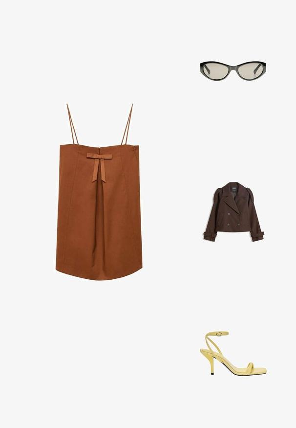 Brun dubbelknäppt jacka i ullblandning med axelklaffar, breda slag, två framfickor och rullade ärmar. Märkt inneretikett.; Brun ärmlös klänning med tunna band, framfåll och dekorativ rosett i midjan, knälång med sidodragkedja.; Gula läder slingback stilettklackar med fyrkantig tå, tunn ankelrem och en glansig finish, med en svart klackdetalj.; Svarta cat-eye solglasögon med gråtonade linser. Plastbågen har skarpa kanter och en slät, blank yta.