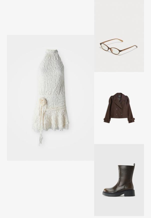 Ruskearvoinen kaksirivinen villasekoitekavit, jossa on olkalaput, suuret kaulukset, kaksi etutaskua ja käärityt hihansuut. Merkattu sisätunnus.; Valkoinen pitsinen ilman hihoja oleva mekko, jossa on korkea kaula-aukko, kukkakuvio, istuva vyötärö ja röyhelöhelma, sekä kangaskukkavöitä.; Tummanruskea keskipituinen nahkasaapas pyöreällä varvaskappaleella, paksulla mustalla pohjalla, matalalla blokkikannalla ja vetotapilla takana.; Ruskeat kilpikonnaruutulasiset silmälasit, joissa ovaalit linssit, ohuet varret ja läpinäkyvät yksityiskohdat. Temppeleissä on huomaamaton logo. Suunnittelultaan suora ja kevyt.; Ruskea nubuk-olkalaukku, jossa on kaksi pitkää hihnaa, naru- ja minimalinen sulkemismekanismi. Tasainen pinta ja ei näkyviä metalliosia.