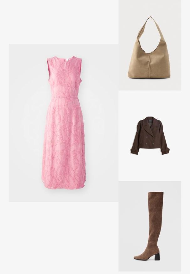 Brun dubbelknäppt jacka i ullblandning med axelklaffar, breda slag, två framfickor och rullade ärmar. Märkt inneretikett.; Ärm Lös rosa klänning med texturerad broderi i snurrande mönster, knälång med figursydd midja och rund halsringning.; Bruna över knäna stövlar i mjukt mocka med spetsig tå och en kraftig svart klack. Designen har sömlös sömnad för en snygg look.; Hobo-väska i mjuk beige mocka med en avslappnad form, bred axelrem och handsydd sömdetalj längs framsidan.
