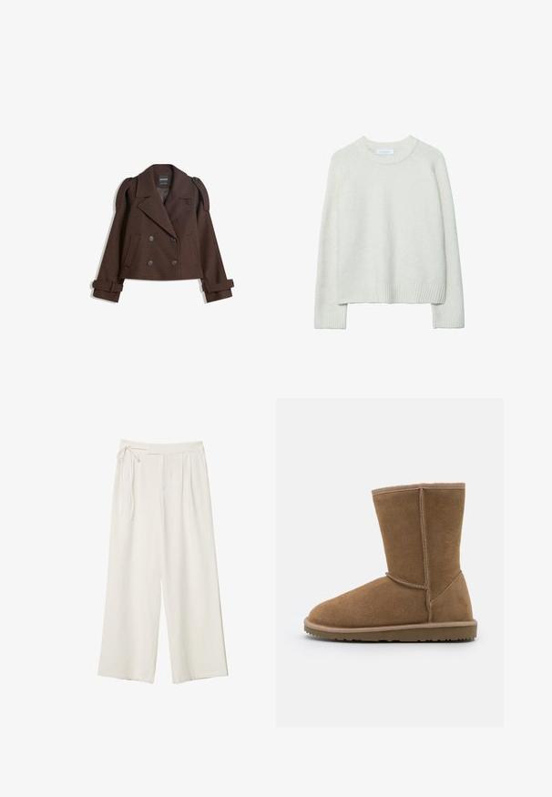 Giacca in misto lana marrone doppiopetto con spalline, ampie rever, due tasche frontali e maniche arrotolate. Etichetta interna marcata.; Maglione color crema con finitura testurizzata, collo e orlo a coste, e maniche raglan. Realizzato con un materiale morbido e caldo.; Pantaloni a gamba larga in tessuto bianco sporco con una texture liscia. Presentano una vita legata e una parte anteriore plissettata, progettati per una vestibilità comoda.; Stivale alla caviglia in suede marrone con punta tondeggiante, cuciture verticali e suola piatta in gomma. Il design presenta cuciture attorno all'apertura.