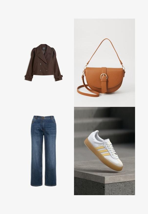 Hnedý dvojradový kabát z vlnenej zmesi s ramennými epauletmi, veľkými klopami, dvoma prednými vreckami a ohrnutými manžetami. Označená vnútorná etiketa.; Biely sveter s pleteným vzorom káblov, dlhými rukávmi, okrúhlym výstrihom a rebrovanou textúrou. Skrátený dizajn pridáva moderný nádych.; Tmavomodré džínsy s rovnými nohavicami, prednými vreckami, zipsom a viditeľným kontrastným švom.; Biely kožený teniska so žltými akcentmi, tromi pruhmi a podrážkou z gumovej gumy. Má zaoblenú špičku a textúrovaný jazyk.; Hnedá kožená kabelka cez telo s zakriveným tvarom, zlatými kovovými doplnkami a akcentom s prackou. Obsahuje odnímateľný ramenný popruh.