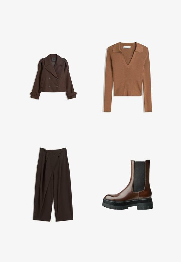Barna, dupla soros, gyapjú keverék zakó vállfölötti díszítéssel, nagy hajtókával, két elülső zsebbel és feltekert ujjakra. Megjelölt bélés.; Barna bordás, hosszúujjú, cropped pulóver mély V-nyakkal és gallérral, könnyű kötött anyagból készült.; Sötétbarna, bő szárú nadrág magas derékkal, egyetlen gombos záródással és redős elülső résszel. Könnyű anyagból készült.; Barna bőr bokacsizma fekete elasztikus oldalsó panelek és vastag fekete gumi talpakkal. Simább textúra minimális varrási részletekkel.