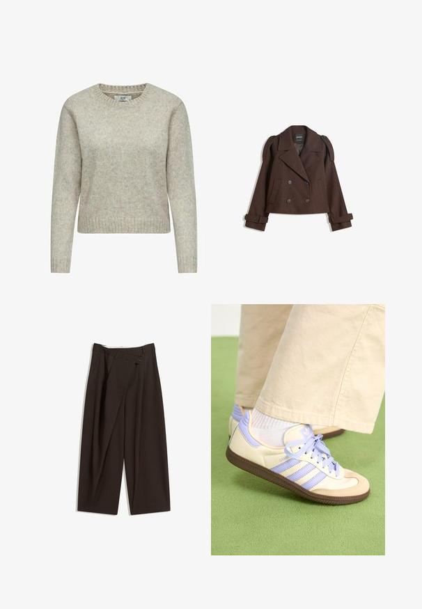 Braune, doppelt knöpfbare Wollmischjacke mit Schulterklappen, großen Revers, zwei Fronttaschen und umgeschlagenen Manschetten. Mit Etikett im Inneren.; Beige Damenpullover aus weichem Strickstoff, mit rundem Halsausschnitt sowie gerippten Bündchen und Saum. Klassisches, gerade geschnittenes Design.; Dunkelbraune, weite Hosen mit hohem Bund, die über einen einzigen Knopfverschluss und eine gefaltete Vorderseite verfügen. Hergestellt aus leichtem Stoff.; Cremefarbene und lavendelfarbene Sneakers mit drei Streifen und einer strukturierten braunen Sohle, ausgestattet mit Schnürsenkeln und einer gepolsterten Ferse. Obermaterial aus weichem Stoff.