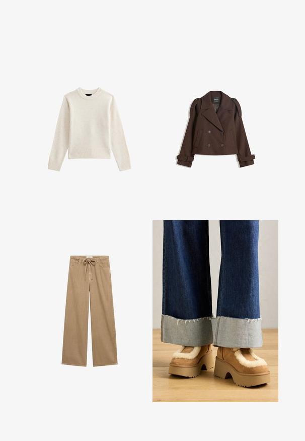 Bruine dubbelzijdige wollen blazer met schouderepauletten, grote revers, twee voorknoopzakken en opgerolde manchetten. Gemarkeerd binnenlabel.; Lichtbeige gebreid sweater met een geribbelde ronde hals en zoom, voorzien van lange mouwen en een ontspannen silhouet. Zachte textuur en minimalistisch ontwerp.; Beige wijde broekspijpen met een trekkoord in de taille, met twee zijzakken en een zachte, gestructureerde stof.; Bruine suède platformlaarzen met een crèmekleurige bontvoering, gecombineerd met wijde denimspijkerbroeken met rafelige zoom en een lichte denimmanchet.