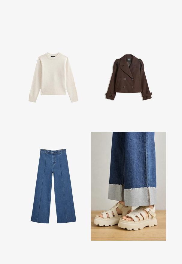 Braune, doppelt knöpfbare Wollmischjacke mit Schulterklappen, großen Revers, zwei Fronttaschen und umgeschlagenen Manschetten. Mit Etikett im Inneren.; Helle beigefarbene Strickjacke mit geripptem Rundhalsausschnitt und Saum, ausgestattet mit langen Ärmeln und einer lockeren Silhouette. Weicher Stoff und minimalistisches Design.; Weite Jeans aus Denim in Mittelblau, mit hoher Taille, Knopfverschluss und kontrastierenden vertikalen Nahtdetails an der Vorderseite.; Beige Plattform-Sandalen mit dicken Sohlen verfügen über ein Riemchen-Design und verstellbare Knöchelriemen. Getragen zu weit geschnittenen Denim-Hosen, ist ein Saum ausgefranst.