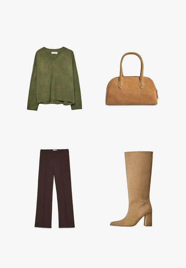 Rjava dvojna volna mešana jakna z epauleti na rami, velikimi reverji, dvema sprednjima žepoma in zavihanimi manšetami. Oznaka na notranji strani.; Olivno zeleni pleteni pulover z V-izrezom, dolgimi rokavi ter rebrastimi manšetami in robom, nekoliko skrajšanega kroja.; Rjave, široke hlače iz gladkega materiala; vsebujejo sprednje nabore in standardni pas. Minimalističen dizajn brez vidnih zaponk.; Tanki suede škornji do kolen v bež barvi z blok peto, z ošiljenim nosom in gladko teksturo. Minimalističen dizajn brez okraskov.; Torbica iz brušenega usnja v bež barvi, s strukturirano obliko, ki ima dva ročaja, trigonske izreze ter zadrgo po vrhu za zapiranje.