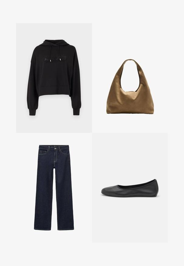 Rjava dvojna volna mešana jakna z epauleti na rami, velikimi reverji, dvema sprednjima žepoma in zavihanimi manšetami. Oznaka na notranji strani.; Črn skrajšan kapučin s vrvico, z teksturiranimlogotipom na sprednji strani. Narejen je iz mehkega blaga z elastičnimi manšetami.; Bela bombažna majica brez rokavov s kroglasto izrezom in prilegajočim krojem. Gladka tekstura, enostavna zasnova in minimalne šivanske podrobnosti.; Temne oprane jeans hlače z sproščenim krojem. Imajo visok pas, pet žepov in kontrastno šivanje. Naravnan kroj nog, brez okrasnih elementov.; Črne usnjene balerinke z zaobljenim nosom, gladko teksturo, minimalnimi šivi in fleksibilno zasnovo podplata.; Brahna torba preko rame iz rjave tkanine s širokim, zaobljenim tijelom i velikim izrezanim ručkom. Meka tekstura, minimalistički dizajn i bez vidljivih metalnih dijelova.