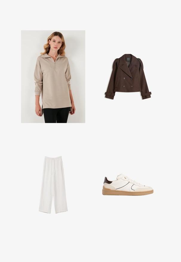 Hnědá dvouřadá bunda z vlněné směsi s epauletami na ramenou, velkými límci, dvěma předními kapsami a ohrnutými manžetami. Vnitřní štítek s označením.; Béžový pulovr s polovičním zipem vpředu, oversized límcem, dlouhými rukávy a bočními rozparky. Hladká tkanina s uvolněným střihem.; Bílé široké kalhoty vyrobené z lehké tkaniny. Mají elastický pas se šňůrkou a boční kapsy. Hladká textura.; Stradivarius Tenisky - white