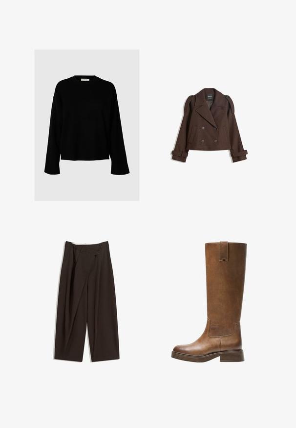 Smeđi dvostruki vuneni sako s epauletima na ramenima, velikim reverima, dva prednja džepa i prevrnutim manžetama. Oznaka unutrašnjosti.; Crni pulover s opuštenim krojem, dugim rukavima, okruglim izrezom i rebrastim manžetama, izrađen od mekanog, strukturiranog materijala.; Tamno smeđe široke hlače s visokim strukom, s jednim dugmadi na zakopčavanju i pregibom sprijeda. Izrađene od laganog materijala.; Smeđe kožne čizme do koljena s zaobljenim nosom, teksturiranom površinom i niskim debljim potplatom. Imaju bočni panel i povlačnu traku na vrhu.