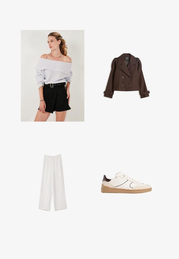 Giacca in misto lana marrone doppiopetto con spalline, ampie rever, due tasche frontali e maniche arrotolate. Etichetta interna marcata.; Maglione viola chiaro fuori spalla con texture a coste, abbinato a pantaloni shorts neri a vita alta con dettaglio della cintura a fibbia.; Pantaloni a gamba larga bianchi realizzati in un tessuto leggero. Presentano una vita elastica con cordoncino e tasche laterali. Texture liscia.; Stradivarius Sneakers basse - white