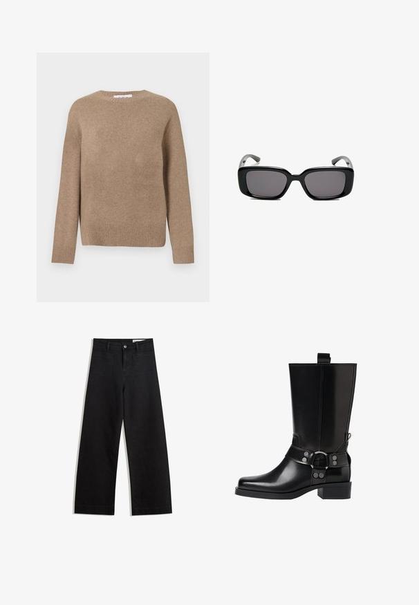 Braune, doppelt knöpfbare Wollmischjacke mit Schulterklappen, großen Revers, zwei Fronttaschen und umgeschlagenen Manschetten. Mit Etikett im Inneren.; Brauner Wollpullover mit rundem Ausschnitt, langen Ärmeln und geripptem Saum. Glatte Textur, schlichtes Design, keine sichtbaren Muster oder Akzente.; Schwarze weit geschnittene Jeans mit hoher Taille, ausgestattet mit Vorder- und Hintertaschen, gesteppten Nähten und einem Knopfverschluss. Glatte Textur.; Schwarze Lederstiefel bis zum Knie mit spitzer Zehenform, silbernen Schnallenakzenten und einem klobigen Absatz. Verfügt über eine Zuglasche für einfaches Anziehen.; Schwarze rechteckige Sonnenbrille mit dunklen Gläsern, glattem Kunststoffrahmen und gebogenen Bügeln. Das Design ist klobig mit einer minimalistischen Ästhetik.
