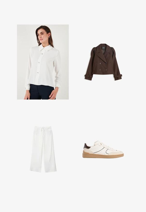 Hnědá dvouřadá bunda z vlněné směsi s epauletami na ramenou, velkými límci, dvěma předními kapsami a ohrnutými manžetami. Vnitřní štítek s označením.; Bílá blůza s dlouhým rukávem a špičatým límečkem, která má pět dekoračních knoflíků vpředu a manžety na knoflíky. Hladká, lehká tkanina.; Bílé široké kalhoty vyrobené z měkké látky, které mají pružný pas a dvě přední kapsy. Hladký povrch a žádné viditelné vzory.; Stradivarius Tenisky - white