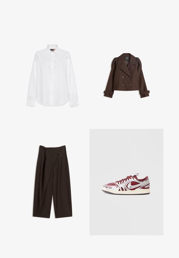 Brown double-breasted wool-blend jacket with shoulder epaulets, large lapels, two front pockets, and rolled cuffs. Marked interior label.; White long-sleeve shirt in soft cotton with a classic collar, button-down front, and subtle logo detail on the left chest.; Dark brown wide-leg trousers with a high waist, featuring a single button closure and a pleated front. Made from lightweight fabric.; Maroon and silver sneaker with a textured mesh upper, layered design, and rubber sole featuring intricate cutouts and a prominent Nike logo.