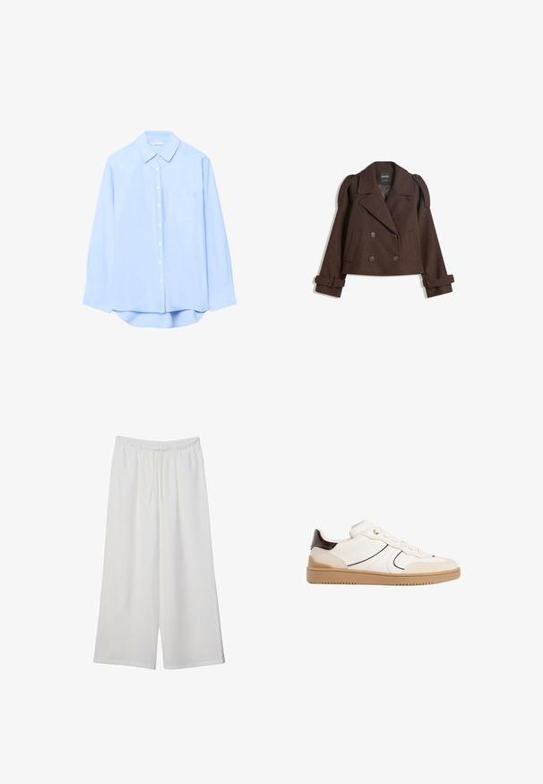 Ruskearvoinen kaksirivinen villasekoitekavit, jossa on olkalaput, suuret kaulukset, kaksi etutaskua ja käärityt hihansuut. Merkattu sisätunnus.; Vaaleansininen napitettävä paita pitkillä hihoilla, kaulalla, etutaskulla ja pyöristetyllä helmalla. Valmistettu sileästä kankaasta, jossa on tasainen tekstuuri.; Valkoiset leveälahkeiset housut, jotka on valmistettu kevyestä kankaasta. Niissä on joustava vyötärö ja nauha säädettävää istuvuutta varten. Sileä pinta.; Stradivarius Matalavartiset tennarit - white