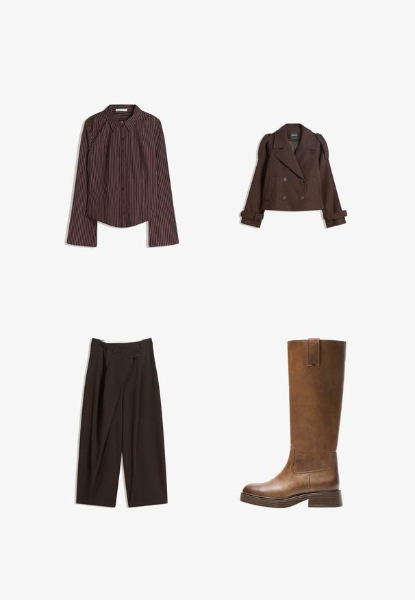 Jachetă dintr-un amestec de lână, bicoloră, cu două rânduri de nasturi, epauleți la umeri, revere mari, două buzunare frontale și manșete răsucite. Etichetă interioară marcată.; Cămașă maro cu manșon lung, cu nasturi, având dungi verticale albe fine și guler ascuțit, așezată plat pe un fundal alb.; Pantaloni largi de culoare maron închis, cu talie înaltă, având închiere cu un singur nasture și un față pliată. Confectionați dintr-un material ușor.; Botă din piele maro, până la genunchi, cu vârf rotunjit, suprafață texturată și toc mic, îngroșat. Dispune de un panou lateral și un capac de prindere în partea de sus.