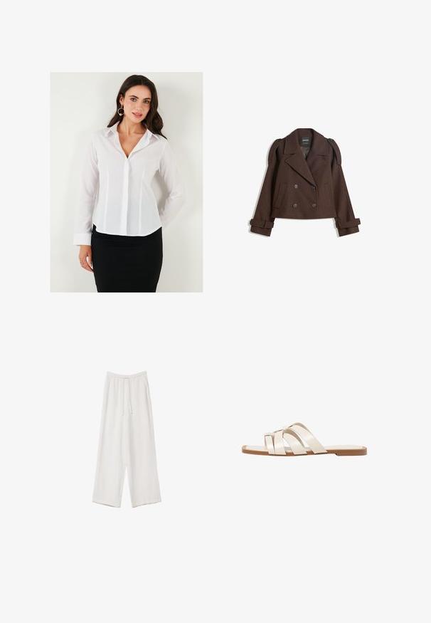 Brun dobbeltbrystet jakke i uldblanding med skulderlapper, store revers, to frontlommer og optrukne manchetter. Mærket indvendig label.; Hvid langærmet skjorte med krave, knaplukning foran og lodrette sømme. Kan styles med en sort nederdel for et professionelt look.; Hvide bukser med bred benlængde lavet af et letvægtsstof. Har et elastisk talje med snor og sidelommer. Glat tekstur.; Flade sandaler med en lys gummisål, designet med tre overlappende hvide læderremme og en lille sløjfe detalje i midten.