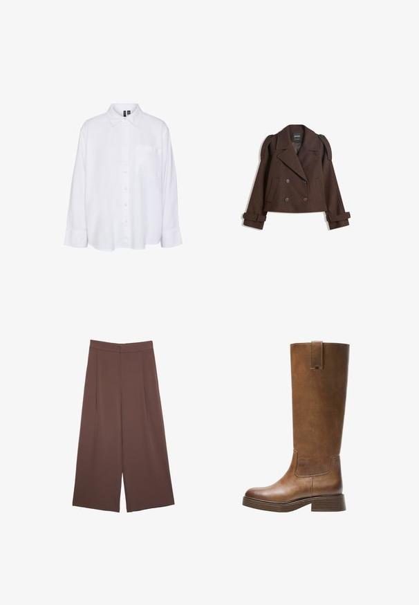 Ruskearvoinen kaksirivinen villasekoitekavit, jossa on olkalaput, suuret kaulukset, kaksi etutaskua ja käärityt hihansuut. Merkattu sisätunnus.; Valkoinen pitkähihaisenpaidat, jossa on kaulus, napitettava etuosa, yksi rintatasku, rento malli ja pehmeä kankaan tekstuuri.; Ruskeat leveälahkeiset housut, joissa on sileä pinta, korkea vyötärö ja etupleat. Kangas on kevyttä ja laskeutuu väljänä.; Kahvipronssinen polvipituinen saapas, jossa on pyöristetty kärki, teksturoitu pinta ja matala pinoheijastin. Varressa on sivupaneeli ja vetotappi ylhäällä.