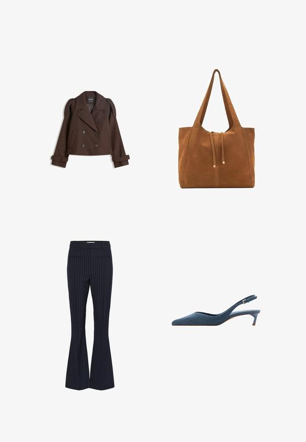Bruine dubbelzijdige wollen blazer met schouderepauletten, grote revers, twee voorknoopzakken en opgerolde manchetten. Gemarkeerd binnenlabel.; Donkergrijze korte mouwen gebreide trui met een ronde hals, met een losse pasvorm en raglanmouwen, gemaakt van een zachte, gestructureerde stof.; Marineblauwe krijtstreep flared broeken met twee voorkoektassen, op maat gemaakte ontwerp en een soepele, gestructureerde stof. Geaccentueerd met smalle blauwe strepen.; Denim slingback hakken met een spitse neus en een lage, slanke hak. Kenmerkt zich door een gestructureerde stof in donkerblauw en een slank, gestroomlijnd ontwerp.; Bruine suède schoudertas met twee lange hengsels, trekkoordsluiting en minimalistisch ontwerp. Gladde textuur en geen zichtbare hardware-accenten.