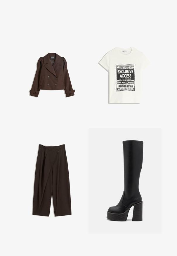 Giacca in misto lana marrone doppiopetto con spalline, ampie rever, due tasche frontali e maniche arrotolate. Etichetta interna marcata.; Maglietta bianca con testo nero che promuove un evento musicale, con le scritte "Accesso Esclusivo", "Concerti Rock Indie" e "Esperienza Musicale da Superstar".; Pantaloni a gamba larga marrone scuro con vita alta, dotati di una chiusura con bottone singolo e una parte anteriore plissettata. Realizzati in tessuto leggero.; Sinead Gorey SINEAD BOOT - Stivali con i tacchi - black