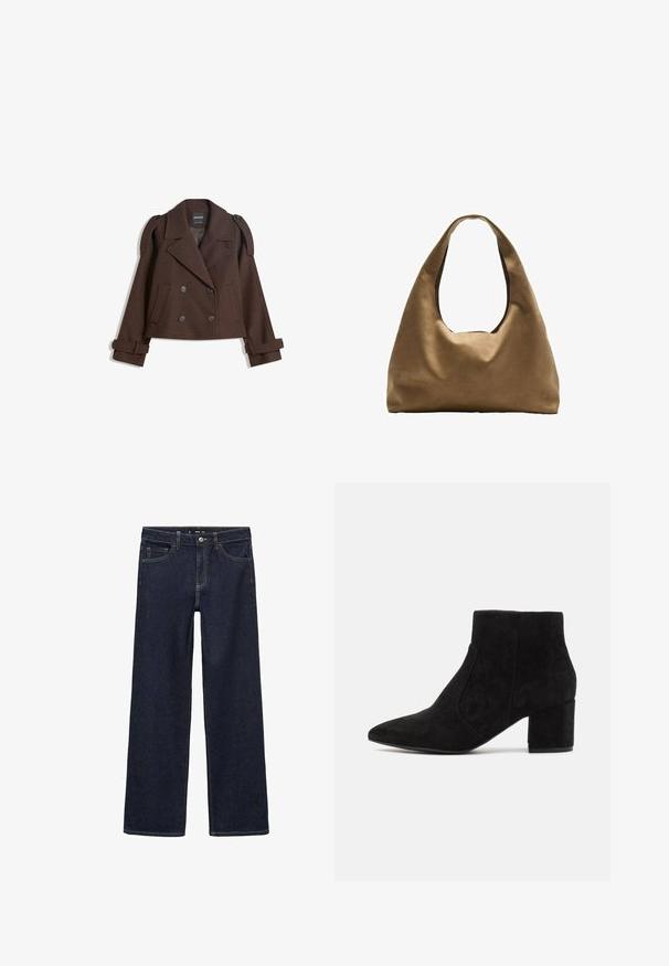 Ruskearvoinen kaksirivinen villasekoitekavit, jossa on olkalaput, suuret kaulukset, kaksi etutaskua ja käärityt hihansuut. Merkattu sisätunnus.; Valkoinen puuvillainen hihaton toppi, jossa on pyöristetty pääntie, ei hihoja ja vartalonmyötäinen muoto. Sileä pinta, yksinkertainen muotoilu ja vähäiset ompeluyksityiskohdat.; Tummanpesun farkut rentoa leikkausta. Korkea vyötärö, viisi taskua ja kontrastiväriset ompeleet. Suora lahje, ilman koristeita.; Mustat mokkanahka nilkkurit, joissa on terävä kärki ja lohkokorko. Muotoilu on tyylikäs saumattomilla sivupaneeleilla, mikä luo minimalistisen ilmeen.; Ruskea kangaskassi, jossa on leveä, pyöristetty muoto ja suuri leikattu kahva. Pehmeä pinta, minimalistinen muotoilu ja ei näkyvää metalliosaa.