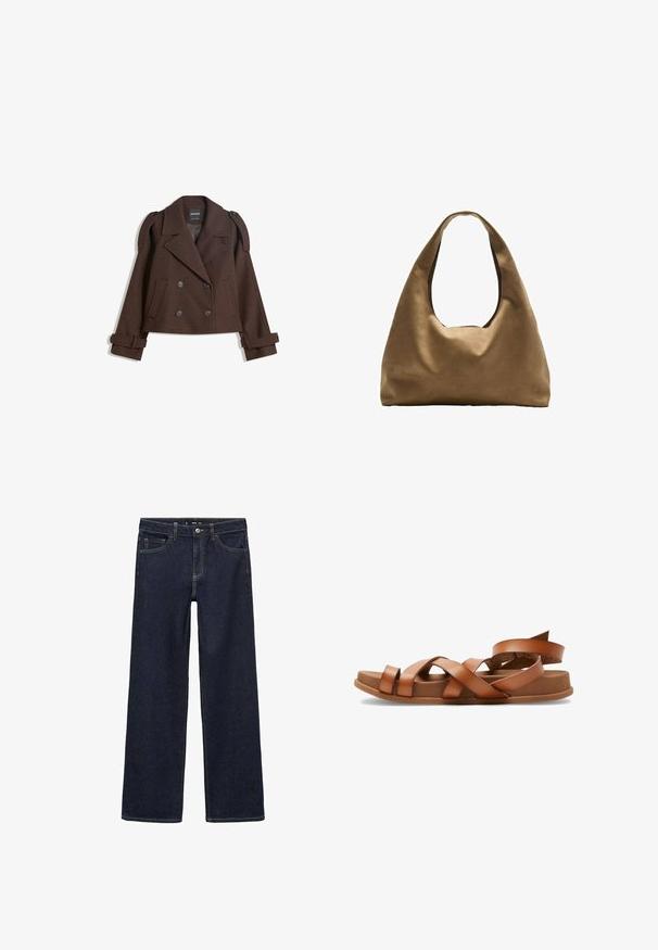 Brown double-breasted wool-blend jacket with shoulder epaulets, large lapels, two front pockets, and rolled cuffs. Marked interior label.; White cotton tank top with a scooped neckline, no sleeves, and a fitted shape. Smooth texture, plain design, and minimal stitching details.; Dark wash denim jeans with a relaxed fit. Features a high waist, five pockets, and contrasting stitching. Straight leg design, no embellishments.; Brown leather sandals with crisscross straps, flat soles, and slightly raised heel. Soft texture and minimalistic design.; Brown fabric shoulder bag with a wide, rounded body and a large cutout handle. Soft texture, minimalistic design, and no visible hardware.