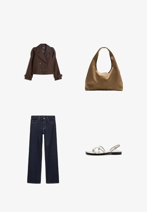 Hnědá dvouřadá bunda z vlněné směsi s epauletami na ramenou, velkými límci, dvěma předními kapsami a ohrnutými manžetami. Vnitřní štítek s označením.; Bílý bavlněný top bez rukávů s kulatým výstřihem a přiléhavým střihem. Hladká textilie, jednoduchý design a minimální švy.; Tmavě modré džíny s volným střihem. Mají vysoký pas, pět kapes a kontrastní švy. Rovný střih nohavic, bez zdobení.; Ploché sandály s tenkými kovovými pásky, světlou krémovou svrškovou částí a černou podrážkou. Nastavitelný spona na pásku kolem kotníku.; Hnědá textilní taška přes rameno s širokým, zaobleným tvarem a velkým výřezem na rukojeť. Měkká textura, minimalistický design a žádné viditelné kovové prvky.