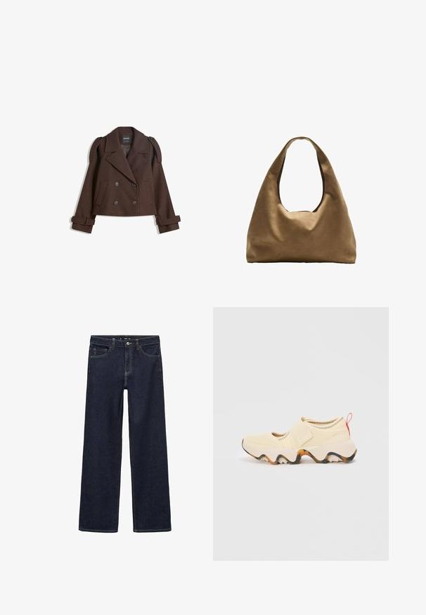 Ruskearvoinen kaksirivinen villasekoitekavit, jossa on olkalaput, suuret kaulukset, kaksi etutaskua ja käärityt hihansuut. Merkattu sisätunnus.; Valkoinen puuvillainen hihaton toppi, jossa on pyöristetty pääntie, ei hihoja ja vartalonmyötäinen muoto. Sileä pinta, yksinkertainen muotoilu ja vähäiset ompeluyksityiskohdat.; Tummanpesun farkut rentoa leikkausta. Korkea vyötärö, viisi taskua ja kontrastiväriset ompeleet. Suora lahje, ilman koristeita.; Kirkas beige liukupohjainen kenkä, jossa on teksturoitu päällinen, säädettävä hihna, paksu kumipohja valkoisilla ja oransseilla yksityiskohdilla sekä punainen vetonauha.; Ruskea kangaskassi, jossa on leveä, pyöristetty muoto ja suuri leikattu kahva. Pehmeä pinta, minimalistinen muotoilu ja ei näkyvää metalliosaa.