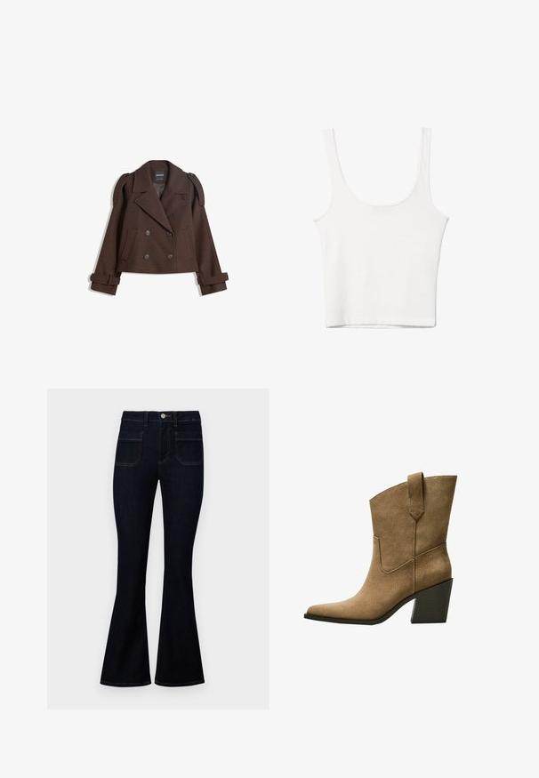 Hnedý dvojradový kabát z vlnenej zmesi s ramennými epauletmi, veľkými klopami, dvoma prednými vreckami a ohrnutými manžetami. Označená vnútorná etiketa.; Biely bavlnený top bez rukávov s okrúhlym výstrihom a priliehavým strihom. Hladká textúra, jednoduchý dizajn a minimálne švy.; Tmavomodré rozšírené džínsy s vysokým pásom, vyrobené z denimu, so svetlými švami a dvomi zadnými vreckami.; Hnedé semišové kovbojské topánky s špicatou špičkou, obsahujúce stredne vysoký blokový podpätok a jednoduché prešívanie pozdĺž postranných švov.