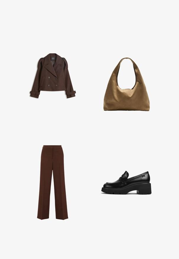 Smeđi dvostruki vuneni sako s epauletima na ramenima, velikim reverima, dva prednja džepa i prevrnutim manžetama. Oznaka unutrašnjosti.; Bijela pamučna majica bez rukava s izrezom u obliku slova U, tijesnog kroja. Glatka tekstura, jednostavan dizajn i minimalni detalji šivanja.; Smeđe široke hlače s glatkom teksturom, koje imaju strukturirani pojas i suptilne nabore koji se protežu niz prednji dio.; Crna kožna loaferica s debelim potplatom i chunky petom, s trakom preko gornjeg dijela, prikazana sa strane na bijeloj pozadini.; Smeđa platnena torba za rame s širokim, zaobljenim tijelom i velikim izrezanim drškom. Mekana tekstura, minimalistički dizajn i bez vidljivog hardvera.