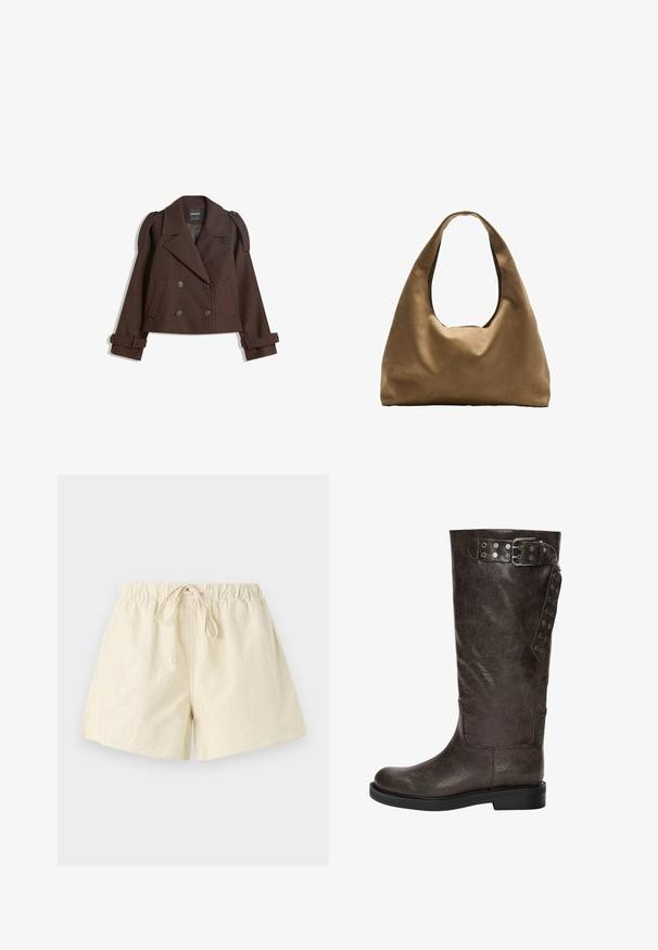 Giacca in misto lana marrone doppiopetto con spalline, ampie rever, due tasche frontali e maniche arrotolate. Etichetta interna marcata.; Top in cotone bianco senza maniche, con scollatura ampia e linea aderente. Tessuto liscio, design semplice e dettagli di cucitura minimi.; Pantaloni corti beige con elastico in vita e coulisse, caratterizzati da una vestibilità comoda e una texture liscia. Nessuna tasca visibile o motivo decorativo.; Stivale in pelle marrone fino al ginocchio con una finitura texturizzata, dotato di una fibbia e di dettagli a scatto laterali, e una suola di gomma piatta.; Borsa a spalla in tessuto marrone con un corpo ampio e arrotondato e una grande maniglia a taglio. Texture morbida, design minimalista e senza hardware visibile.
