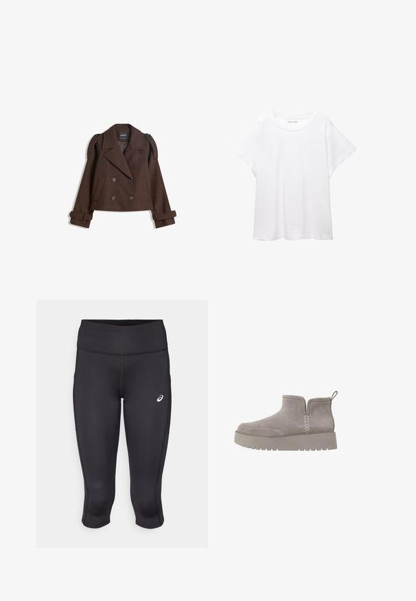 Veste en mélange de laine double boutonnage marron avec épaulettes, grands revers, deux poches avant et poignets retroussés. Étiquette intérieure marquée.; T-shirt blanc en tissu doux et léger. Il présente un col rond et des manches courtes et larges avec une coupe décontractée. Aucun motif visible.; Leggings capri de sport noirs avec une texture lisse, un tissu extensible, une taille haute et un petit logo blanc sur le côté gauche.; Bottine en suede gris avec une silhouette basse, des panneaux latéraux en élastique et une semelle en caoutchouc texturée. Comprend une languette pour un enfilage facile.