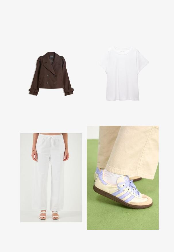 Barna, dupla soros, gyapjú keverék zakó vállfölötti díszítéssel, nagy hajtókával, két elülső zsebbel és feltekert ujjakra. Megjelölt bélés.; Fehér póló, puha, könnyű anyagból készült. Kerek nyakú, rövid, széles ujjaival és laza szabásával rendelkezik. Nincsenek látható minták.; Fehér, bő szabású vászonnadrág, rugalmas derékkal és zsinórral. Simább textúra, széles szárú dizájn, és nincsenek látható minták.; Krém és levendula színű sportcipők három csíkkal és texturált barna talppal, fűzőkkel és párnázott sarokkal. Puha anyagú felsőrész.