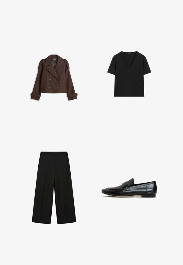 Brun dubbelknäppt jacka i ullblandning med axelklaffar, breda slag, två framfickor och rullade ärmar. Märkt inneretikett.; Svart kortärmad V-ringad T-shirt med en enkel, figurnära design på en vit bakgrund.; Svarta vida byxor i mjukt tyg, med hög midja och veck, som har en slät yta utan synliga dekorationer.; Svarta läderloafers med en slät yta, rund tå och ett dekorativt band över framsidan. Lätt sula med en liten klack.