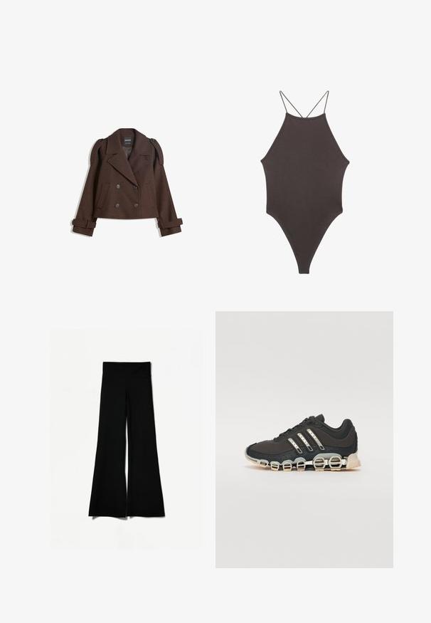 Veste en mélange de laine double boutonnage marron avec épaulettes, grands revers, deux poches avant et poignets retroussés. Étiquette intérieure marquée.; Maillot de bain une pièce marron à col montant avec des bretelles fines et réglables ; présente une jambe haute et une texture lisse. Aucun motif ni embellissement.; Pantalon évasé noir avec une coupe large, présentant une texture lisse et une taille haute. Fabriqué en tissu extensible pour le confort.; Chaussure de sport noire avec un dessus texturé, trois bandes argentées et une semelle amortissante distinctive comportant plusieurs sections intégrées.