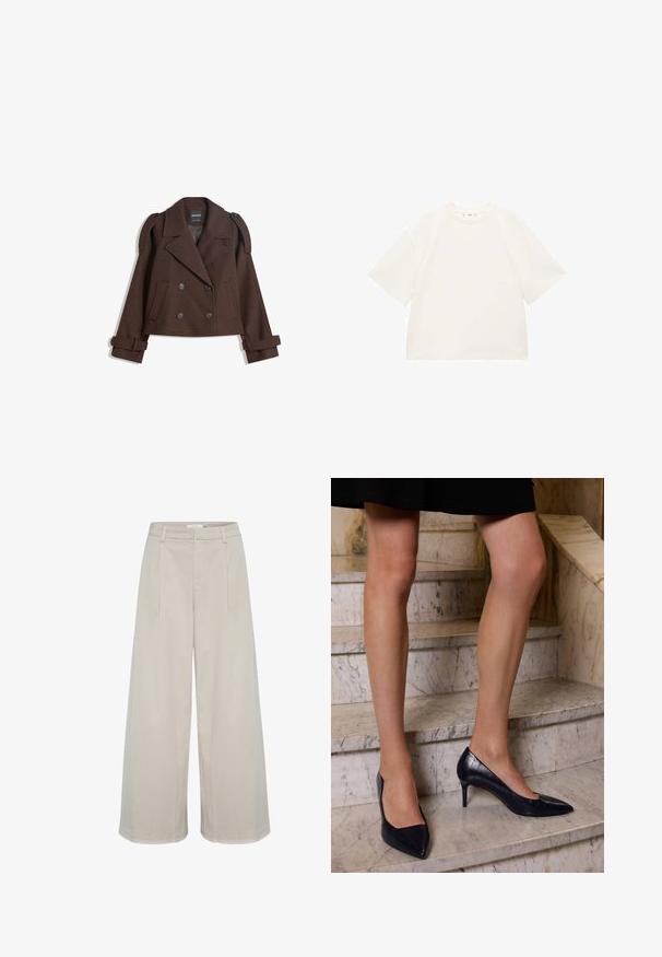 Brązowa, podwójnie zapinana kurtka z mieszanki wełny z epauletami na ramionach, dużymi klapami, dwiema przednimi kieszeniami i podwiniętymi mankietami. Oznakowana metka wewnętrzna.; Przesadnie duża biała koszulka bawełniana z krótkimi rękawami, okrągłym dekoltem i gładką fakturą. Bez wzorów ani widocznych detali.; Jasno beżowe spodnie typu wide-leg z gładkiego materiału, mające wysoki stan, dwa przednie fałdy i czyste, stębnowane wykończenia.; Granatowe szpilki z opadającym czubkiem, z gładkim i teksturowanym wykończeniem przypominającym skórę krokodyla.