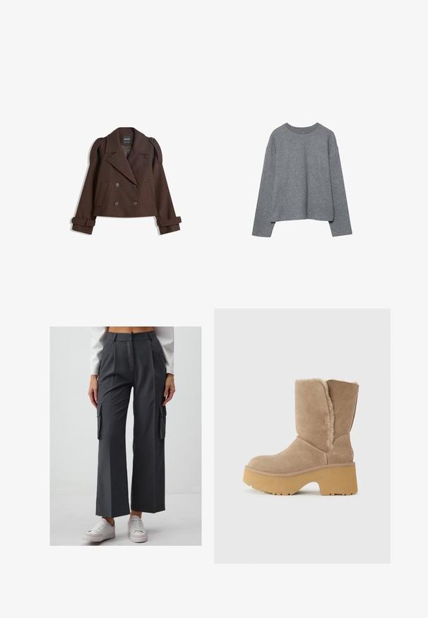 Veste en mélange de laine double boutonnage marron avec épaulettes, grands revers, deux poches avant et poignets retroussés. Étiquette intérieure marquée.; Pull gris court en tissu tricoté doux, avec un col rond en côtes et des manches longues, ayant une coupe décontractée et un minimum de détails.; Pantalons cargo gris à jambes larges en tissu lisse, dotés de deux poches latérales et d'une taille haute. Assortis à des baskets blanches.; Bottes en suède beige mi-mollet avec une épaisse semelle en plate-forme jaune, dotées d'une doublure douce et texturée et d'un design à bout rond. Surface extérieure unie.