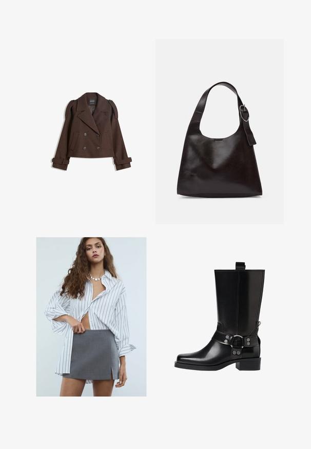 Brązowa, podwójnie zapinana kurtka z mieszanki wełny z epauletami na ramionach, dużymi klapami, dwiema przednimi kieszeniami i podwiniętymi mankietami. Oznakowana metka wewnętrzna.; Biała krótka koszulka z miękkiej bawełny, z okrągłym dekoltem i luźnym krojem, z prostym wykończeniem, gładka, bez wzorów i grafik.; Młoda kobieta z długimi kręconymi włosami, ubrana w białą, szeroką koszulę w paski, szara mini spódniczkę z rozporkiem z przodu oraz naszyjnik w kształcie gwiazdy.; Czarne skórzane buty za kolano z wydłużonym noskiem, srebrnymi akcentami w postaci klamr oraz masywnym obcasem. Posiadają pętelkę umożliwiającą łatwe zakładanie.; Brązowa skórzana torba na ramię o gładkiej teksturze, zaokrąglonym kształcie, szerokim pasku i okrąłym metalowym akcentem na uchwycie.