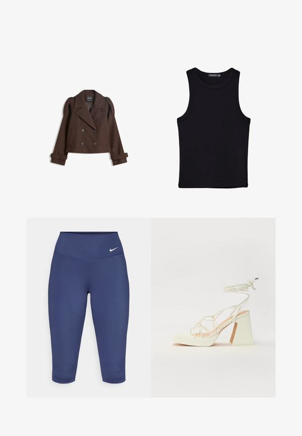 Giacca in misto lana marrone doppiopetto con spalline, ampie rever, due tasche frontali e maniche arrotolate. Etichetta interna marcata.; Canotta nera in cotone, caratterizzata da un colletto rotondo e ampi giromanica. Texture liscia con orli cuciti. Design classico e minimalista.; Leggings capri blu navy realizzati in tessuto elastico, dotati di un ampio bordo in vita e di un piccolo logo bianco sul lato sinistro. Nessuna cucitura visibile.; Sandalo bianco con tacco alto, caratterizzato da un design a cinturini e un legaccio alla caviglia. Texture liscia con una piattaforma frontale per un'altezza aggiuntiva.