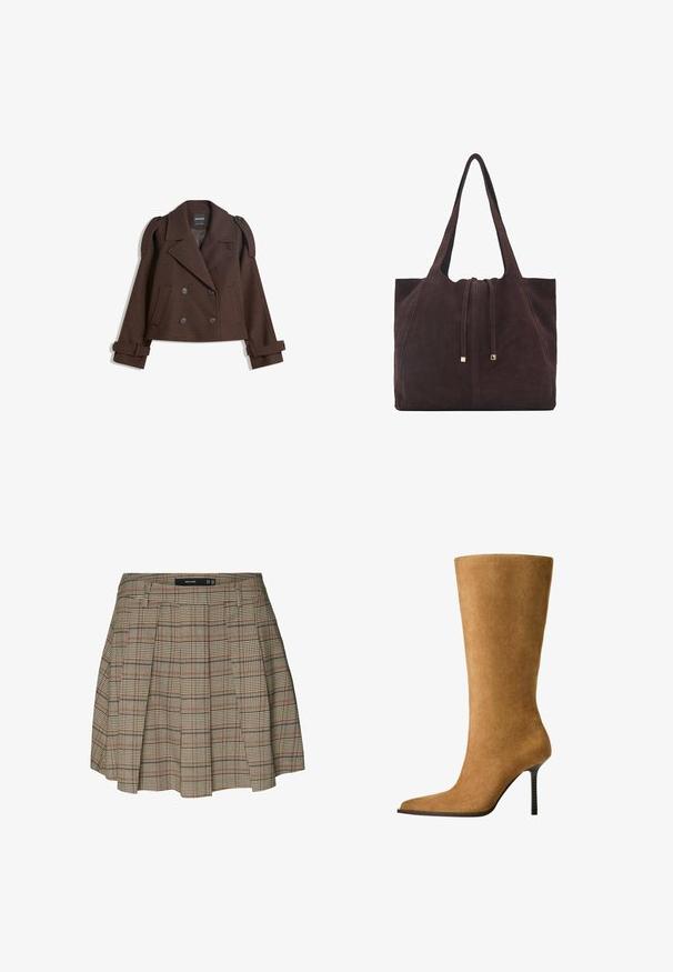 Smeđi dvostruki vuneni sako s epauletima na ramenima, velikim reverima, dva prednja džepa i prevrnutim manžetama. Oznaka unutrašnjosti.; Svijetlo bež majica kratkih rukava s okruglim izrezom, izrađena od meke, glatke tkanine. Karakterizira je opušteni kroj i ravni rub.; Vero Moda VMELLIE MITTLERE TAILLE - Suknja A kroja - silver mink; Čizme od antilopa do koljena u boji kamila s šiljastim vrhom i tankom visokom petom. Glatka tekstura i elegantna silueta s minimalnim detaljima.; Mango Velika torba - dark brown