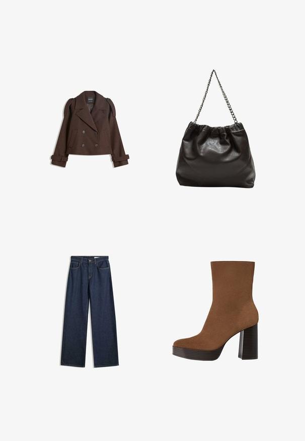 Rjava dvojna volna mešana jakna z epauleti na rami, velikimi reverji, dvema sprednjima žepoma in zavihanimi manšetami. Oznaka na notranji strani.; Svetlo bež kratkosleeven majica s okroglim ovratnikom, izdelana iz mehke, gladke tkanine. Ima sproščen kroj in raven rob.; Široke temne kavbojke z visokim pasom, petimi žepi, vidnimi šivi in gumbom za zapiranje. Imajo ravno prileganje in lažjo obrabo.; Rjavi semiš gležnjar z zaokroženim prstom, debelim črnima črtastim petam in gladko površino. Ima prilagojen dizajn brez vidne opreme.; Rjava usnjena torba z nabranim vrhom in verižnim trakom. Gladka tekstura z sijajno površino in subtilnimi šivi na straneh.