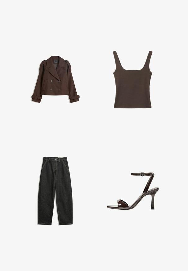 Rjava dvojna volna mešana jakna z epauleti na rami, velikimi reverji, dvema sprednjima žepoma in zavihanimi manšetami. Oznaka na notranji strani.; Rjava brezrokavna majica s kvadratnim izrezom, narejena iz mehkega, elastičnega materiala. Ima oprijet kroj in ravne šive.; Črne široke hlače z visokim pasom in zadnjimi žepi, z gumbom za zapiranje in vidno bež šivanjem na belem ozadju.; Rjave visokosprti sandali iz pateniranega usnja z zaponko okoli gležnja, odprto konico in eleganten, minimalističen dizajn. Imajo kvadratno peto.