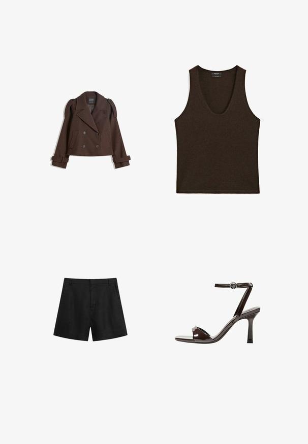 Brun dobbeltbrystet jakke i uldblanding med skulderlapper, store revers, to frontlommer og optrukne manchetter. Mærket indvendig label.; Søløs mørkebrun cashmere tanktop med rund udskæring, laid flat.; Sorte linnedershorts med en tætsiddende talje, sidelommer og skræddersyet design. Har en glat overflade og flad front uden synlige dekorative elementer.; Brune patentlæder højhælede sandal med ankelrem, åben tå og et elegant, minimalistisk design. Udstyret med en firkantet hæl.