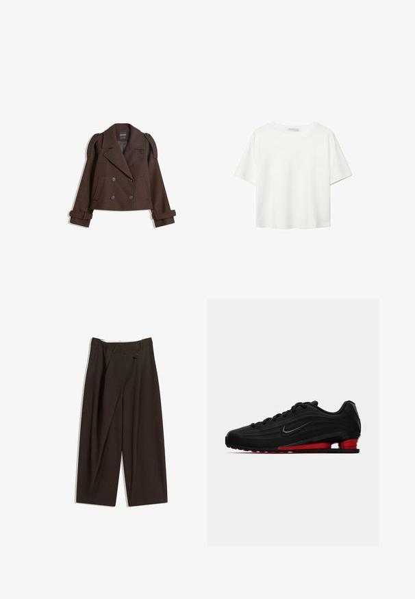 Brun dubbelknäppt jacka i ullblandning med axelklaffar, breda slag, två framfickor och rullade ärmar. Märkt inneretikett.; Vit t-shirt med kort ärm i bomull. Har en rundad halsringning och en avslappnad passform. Slät textur utan synliga mönster eller detaljer.; Mörkbruna vida byxor med hög midja, med en enkel knappstängning och plisserad front. Tillverkade av lätt tyg.; Svart Nike löparsko med röd dämpad sula och svart swoosh-logotyp, visad i sidoprofil mot en vit bakgrund.